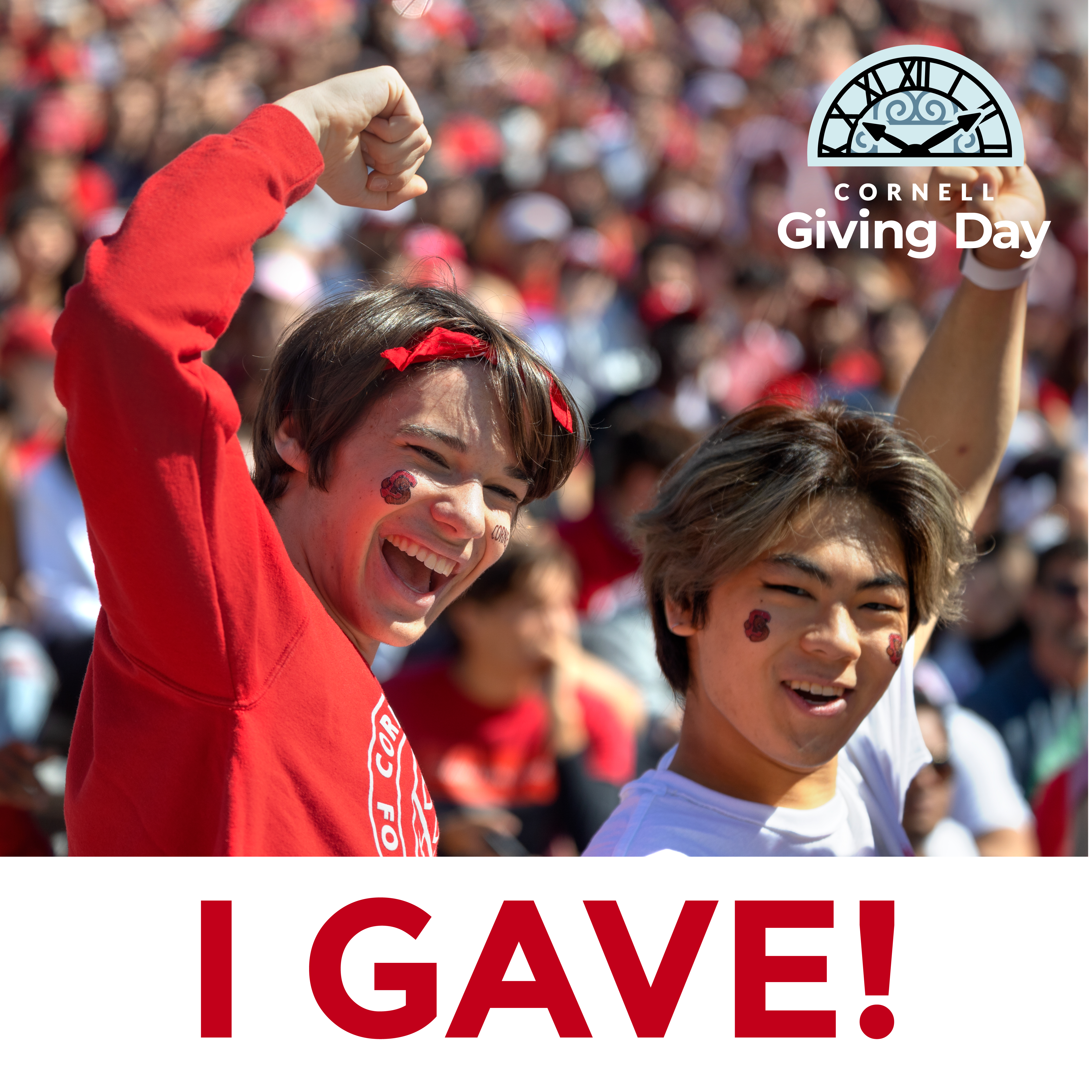 Donor Badge 1 -- Touchdown wearing a mask with Cornell Giving Day logo and donor label under photo