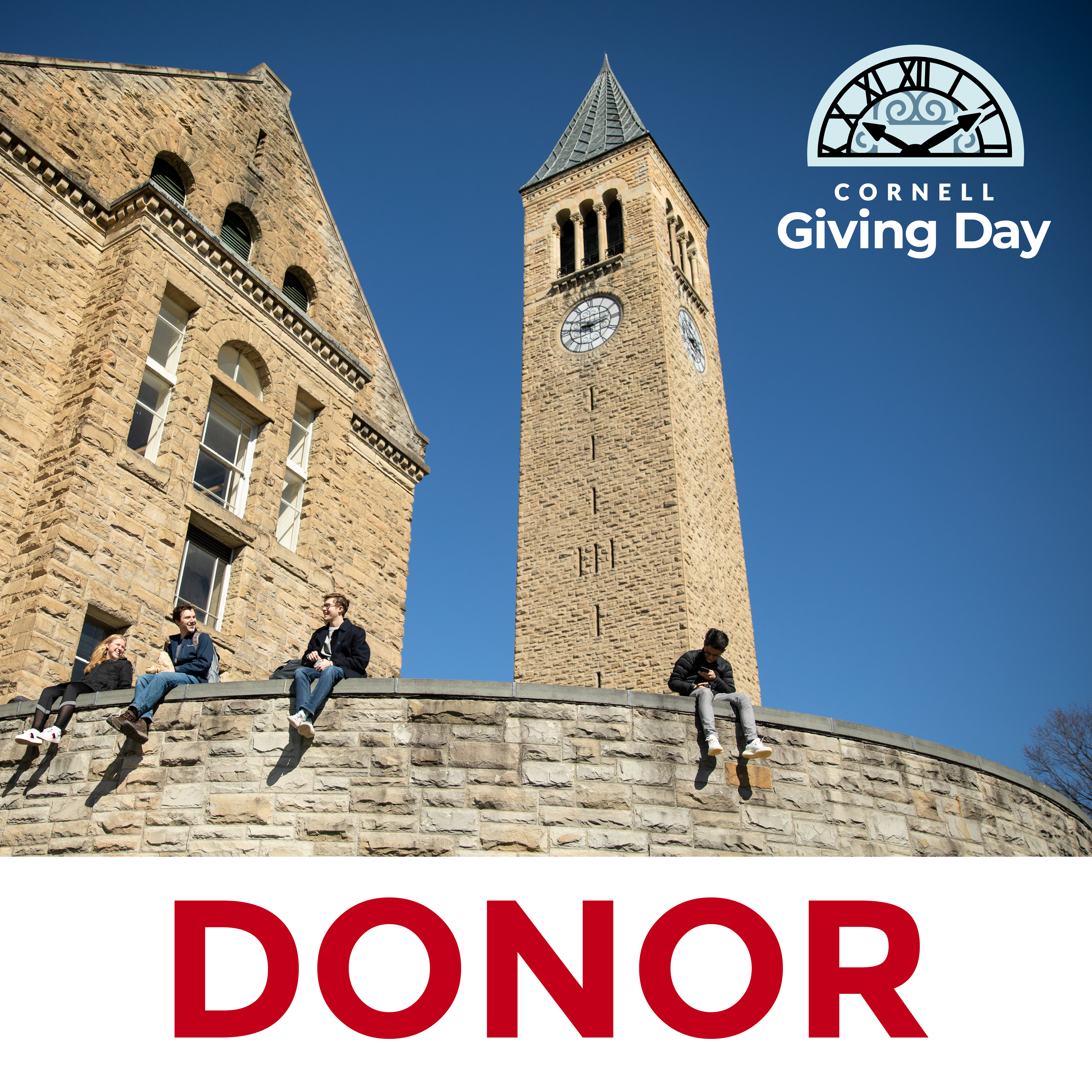 Donor Badge 2 -- Touchdown wearing a mask and waving saying I GAVE with Cornell Giving Day logo