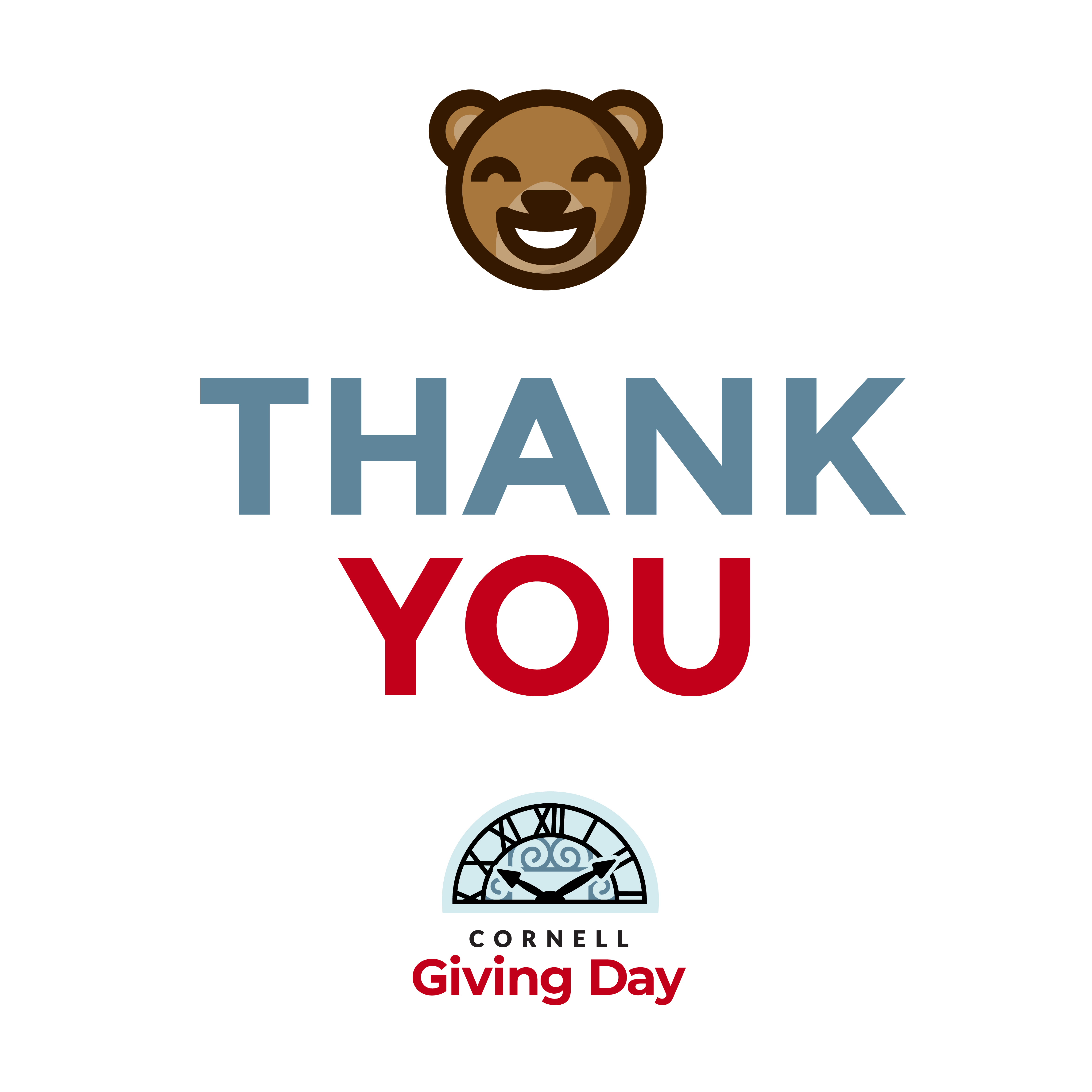 Thank You Image -- THANK YOU written in blue and red with cartoon of a bear over the Cornell Giving Day logo