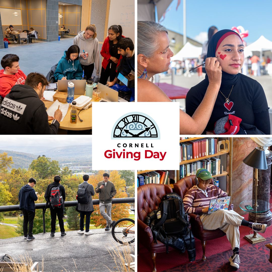 Social Share 1 -- collage of students wearing masks showing Big Red spirit with Cornell Giving Day logo in the center
